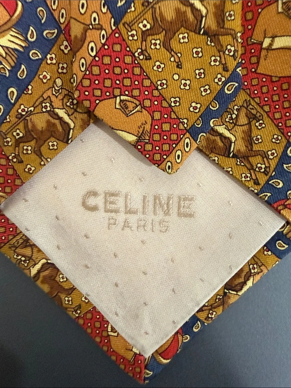 Authentic Celine Multicolor Diamond-Print Silk Tie with Horse & Toy Motif